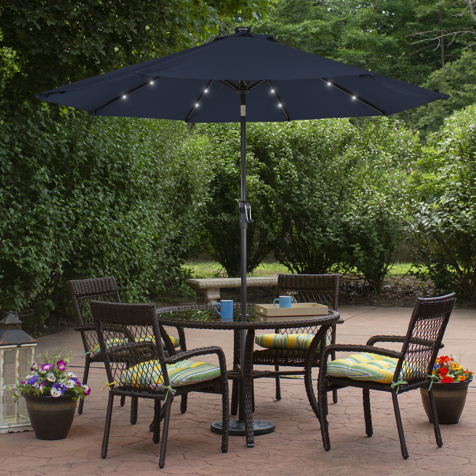 Northlight 9ft Solar Lighted Outdoor Patio Market Umbrella with Hand Crank and Tilt, Navy Blue