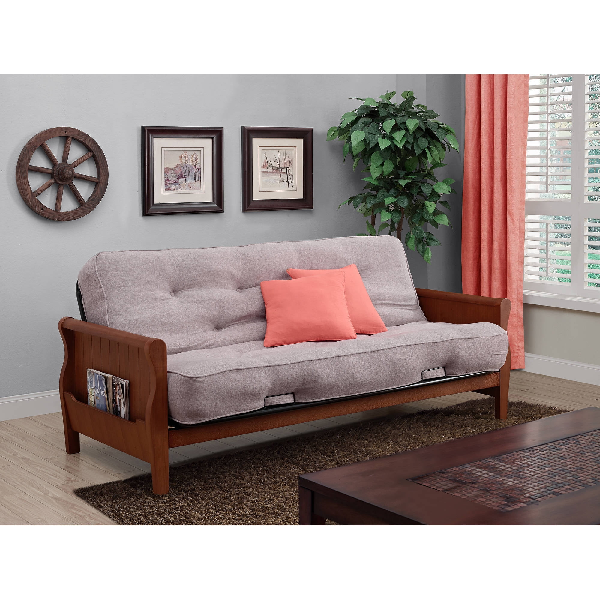 Wooden Arm Futon Frame Sofa Bed With Mattress Full Size Sleeper Hardwood Gray 