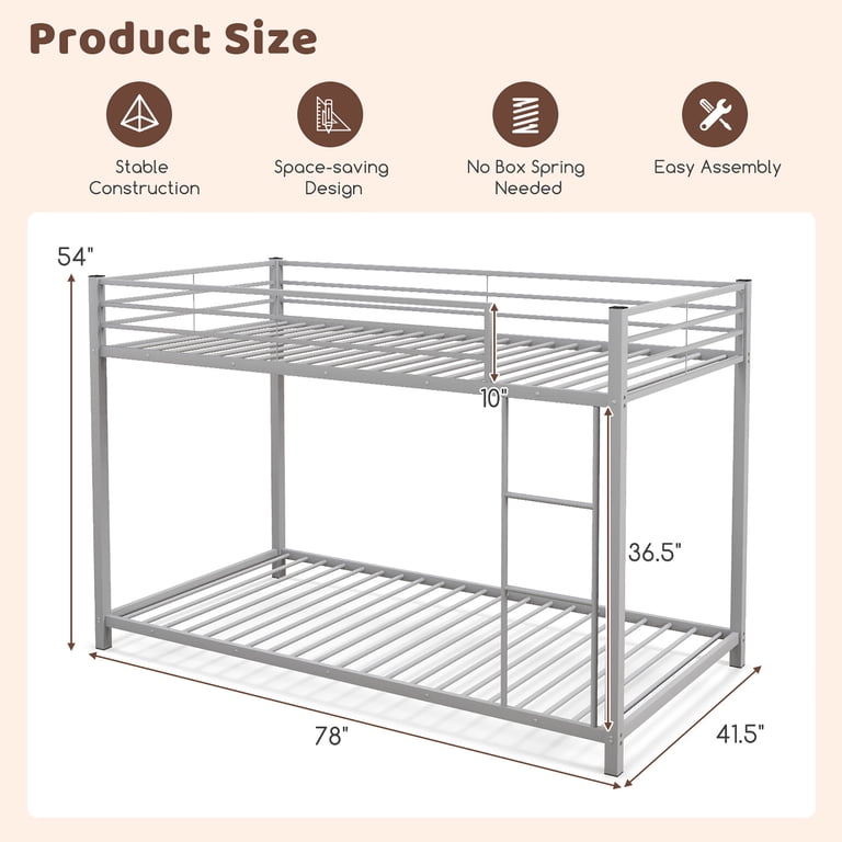 Gymax Twin Over Twin Low Metal Bunk Bed with Guardrails photo 3
