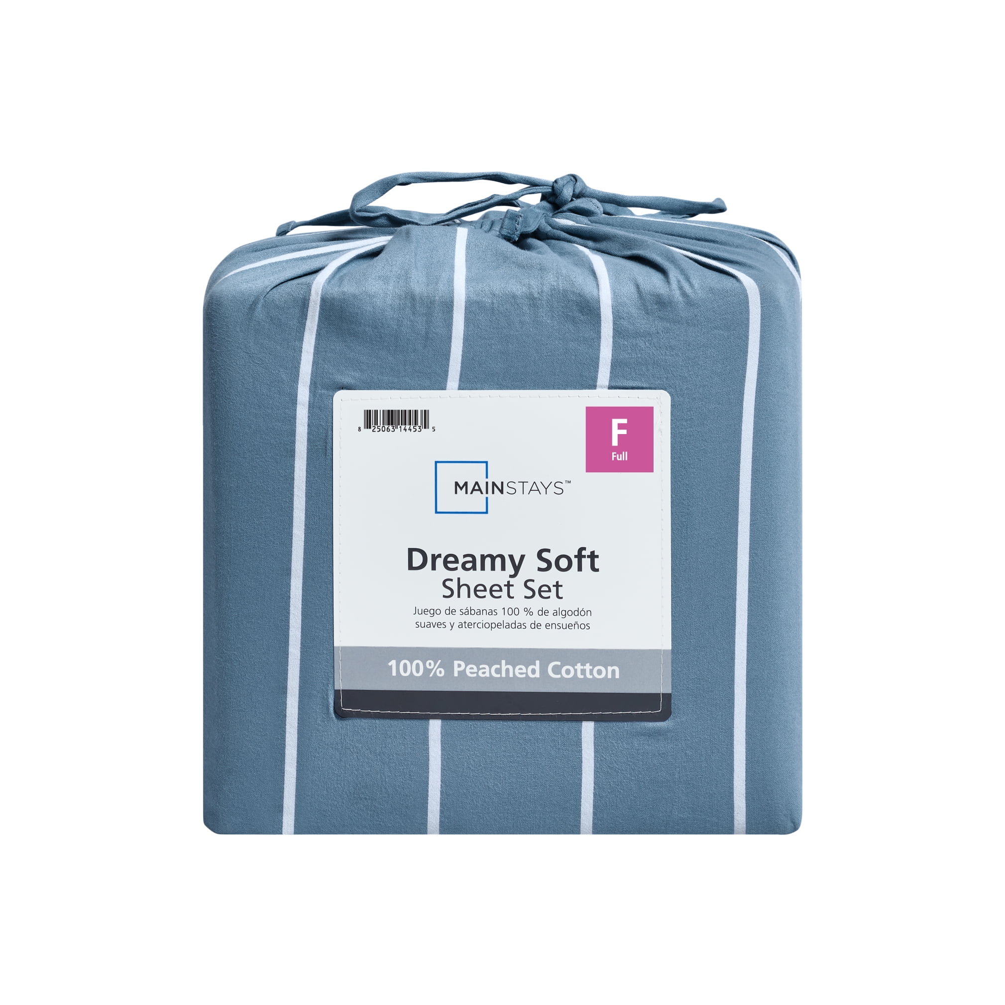 Mainstays 100% Cotton 4-Piece 220 Thread Count Blue and White Stripe 100% Peached Cotton Dreamy Soft Bed Sheet Set, Full