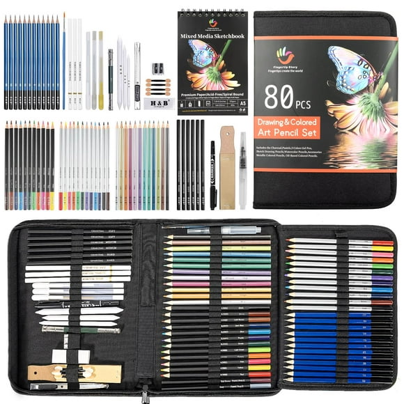 Set de lápices artísticos H & B, paquete de 80 unidades, para dibujar con cuaderno de bocetos