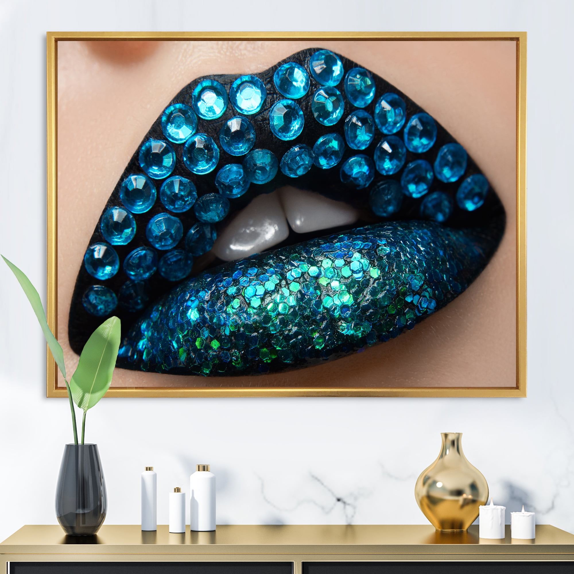 Designart 'Woman Lips With Black Lipstick Blue Diamonds' Modern Framed Canvas Wall Art Print