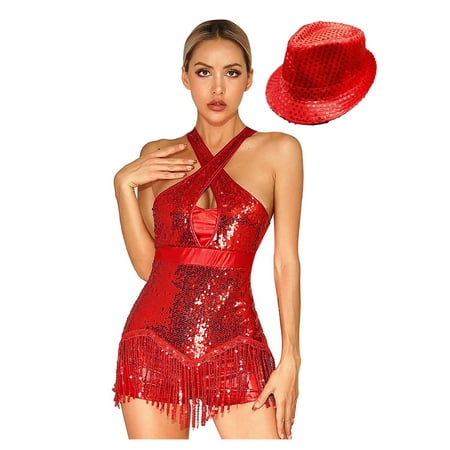 Venjoe Women s Ballroom Dance Costumes Shiny Fringed Leotards with Hat Modern Jazz Tap Latin Jazz Red XXL