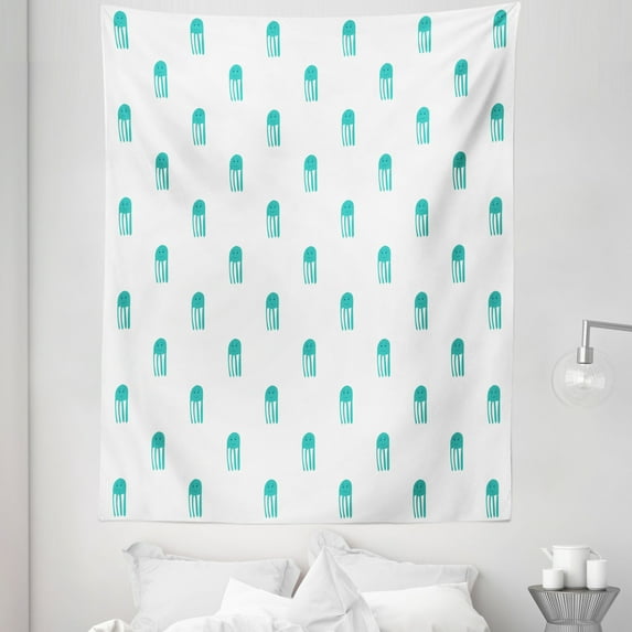 Jellyfish Tapestry, Funny Hand Drawn Oceanic Characters Style Pattern, Fabric Wall Hanging Decor for Bedroom Living Room Dorm, 5 Sizes, Turquoise and White, by Ambesonne