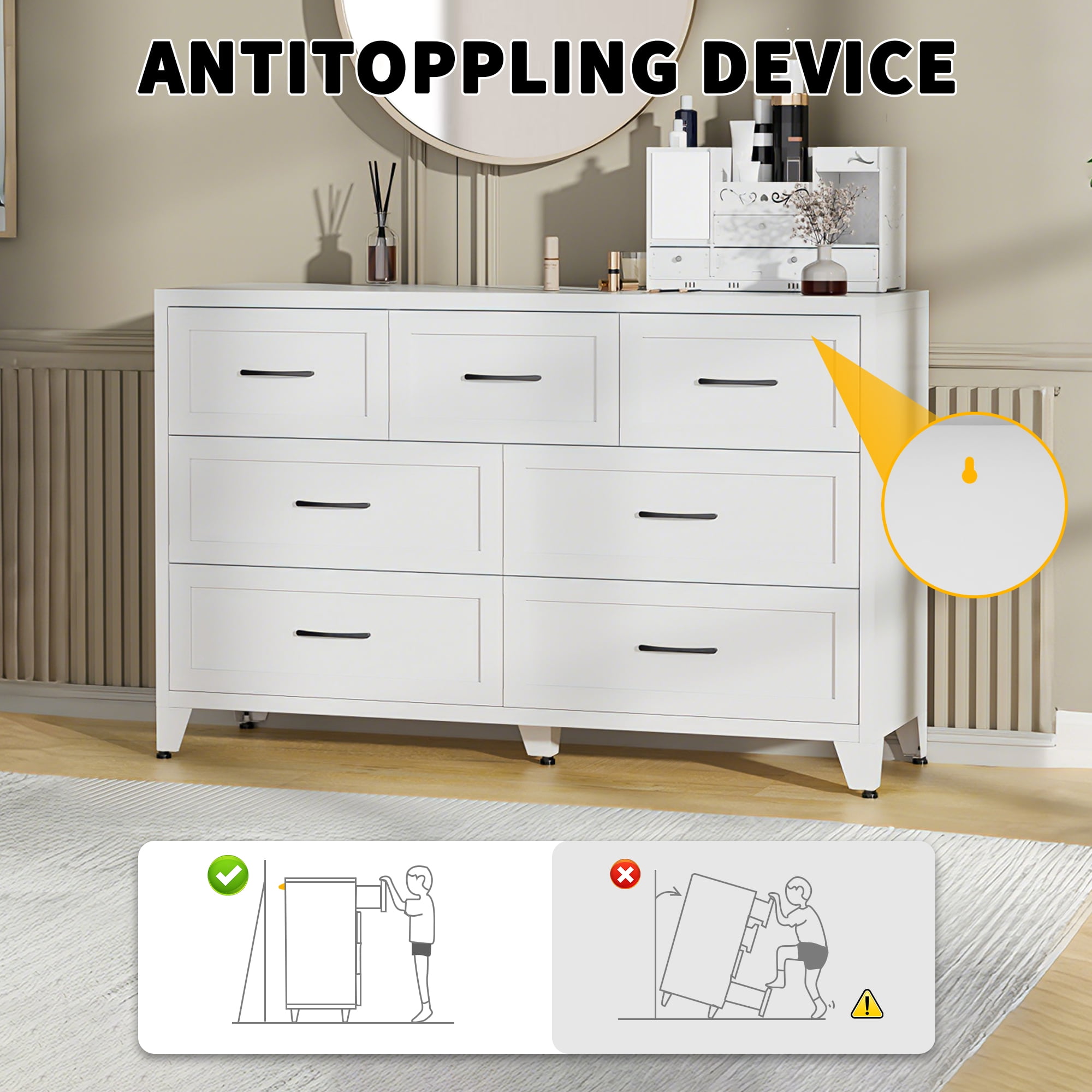 ShiKeyi 7 Drawer Dresser for Bedroom, Modern Metal Wide Storage Chest with Metal Handles and Legs, White
