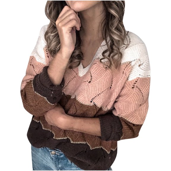 IROINNID Reduced Womens Sweater V-Neck Pullover Sweater Color Block Loose Short Length Long Sleeve Button Knitting Sweatshirt Tops Blouse Shirt Matching Sweater