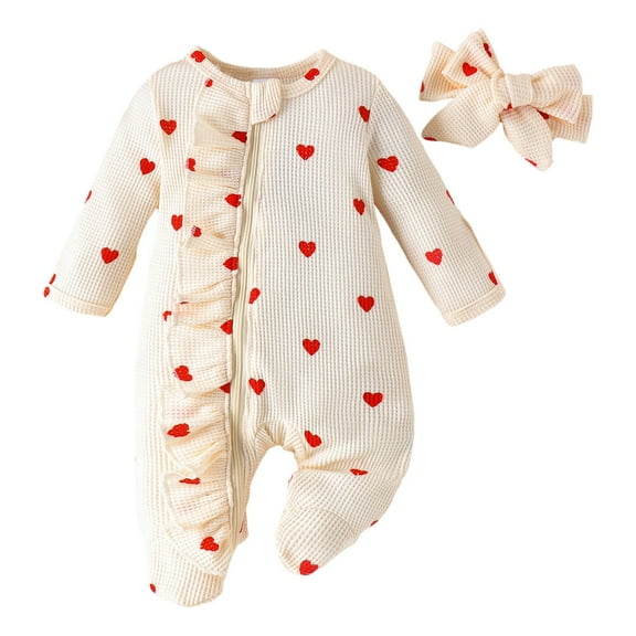 SonxaHe Newborn Girl Valentines Day Outfits Ruffle Heart Print Footed Romper with Headband Baby Soft Cozy Outerwear Outfit Set Pink,Sized 0-3 M