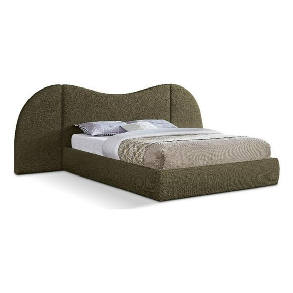 Maklaine Contemporary Rich Olive Green Boucle Fabric Queen Bed