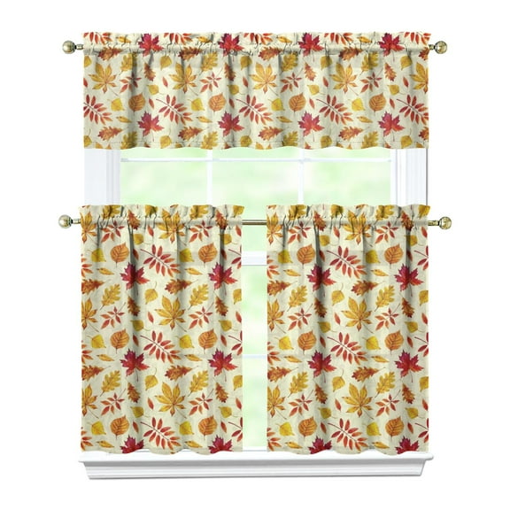 Fall Kitchen Curtains 36 Inch Short - 3 Panel Set, Autumn Harvest Print, Rod Pocket Window Treatment for Thanksgiving, Farmhouse, Cafe, Living Room - Machine Washable
