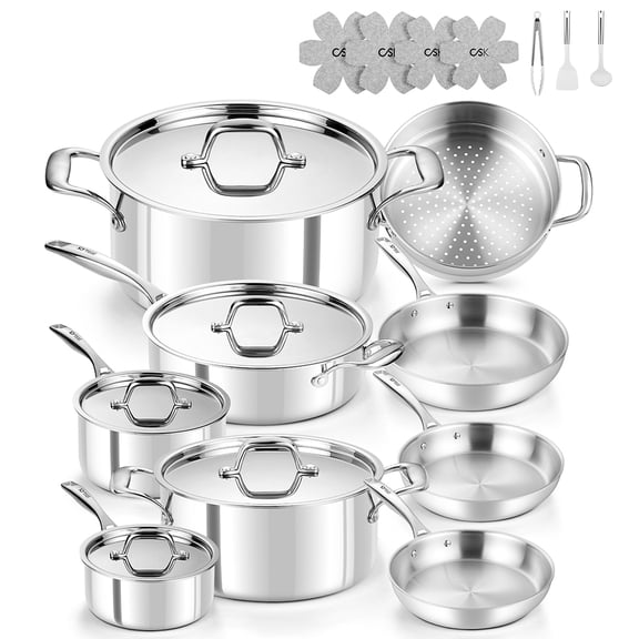 Koch Systeme CS 21-Piece 5-Ply Stainless Steel Cookware Set – Complete Kitchen Set with Saucepans, Stockpots, Frying Pans, Steamer, Utensils, and Premium Felt Trivets