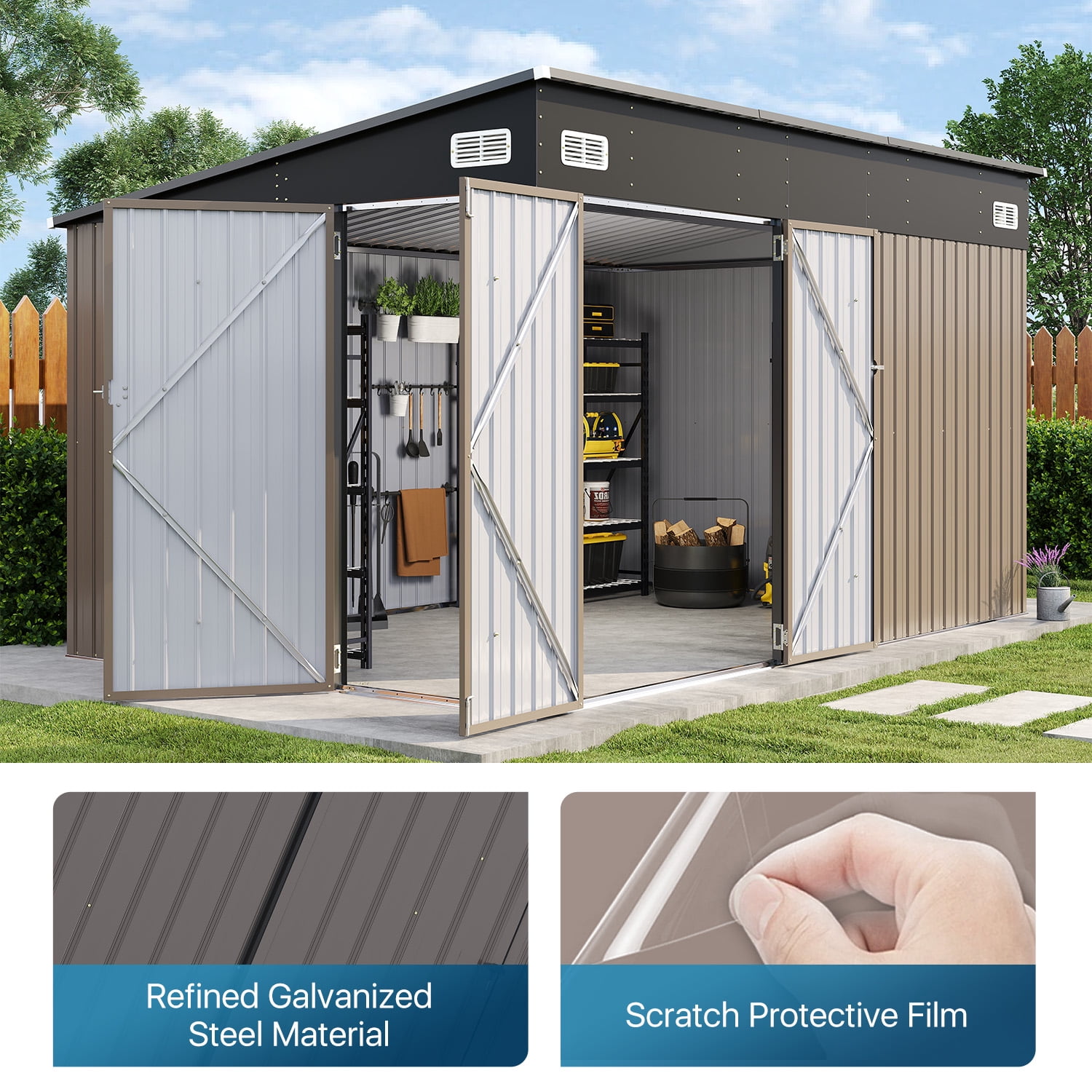 Sunmthink 12' x 8' Metal Storage Shed with Triple Doors, Lockable Lean-to Design & Vents, Brown