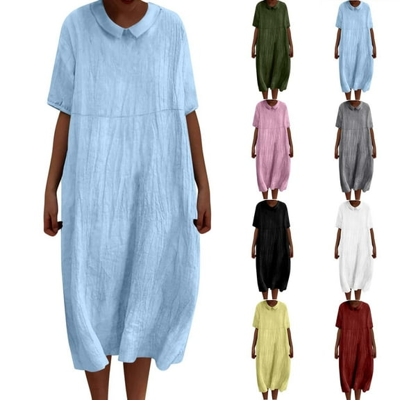 Akafmk Summer Dresses for Women Casual Dresses,Solid Color Round Neck Long Dress Short Sleeve Maxi Dresses Cotton Linen Shirt Dresses