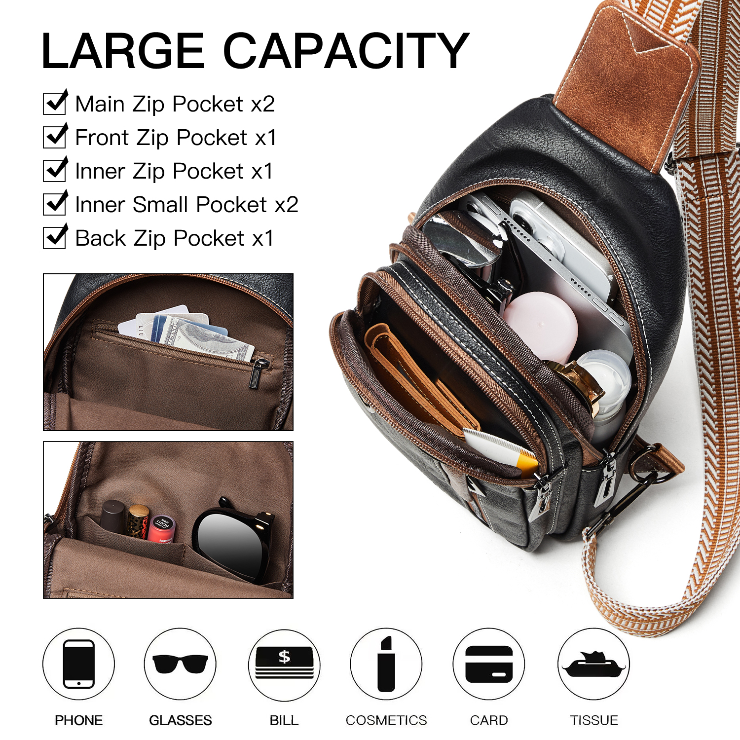 7L Sling Bag for Women & Men, Leather Anti-Theft Crossbody Backpack, Small Daypack Fanny Pack for Travel, Hiking, and Work