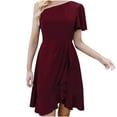 thumbnail image 1 of Vestido con volantes de un hombro para mujer, informal, con hombro inclinado, color sólido Fridja  qw2336, 1 of 9