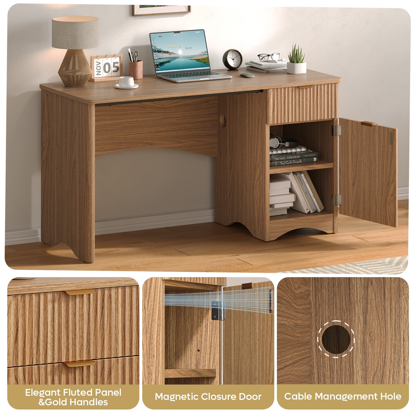 Bestier 47" Computer Desk with Drawer, Modern Home Office Desk with Storage Cabinet, Fluted PC Study Writing Desk for Small Spaces, Brown Oak