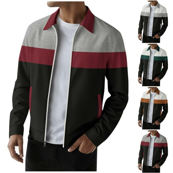 UVEASISHA Men's Color Block Waffle Jacket Long Sleeve Zipper Lapel Collar Casual Coat Fashion Streetwear Lightweight Jackets with Pockets Coffee M