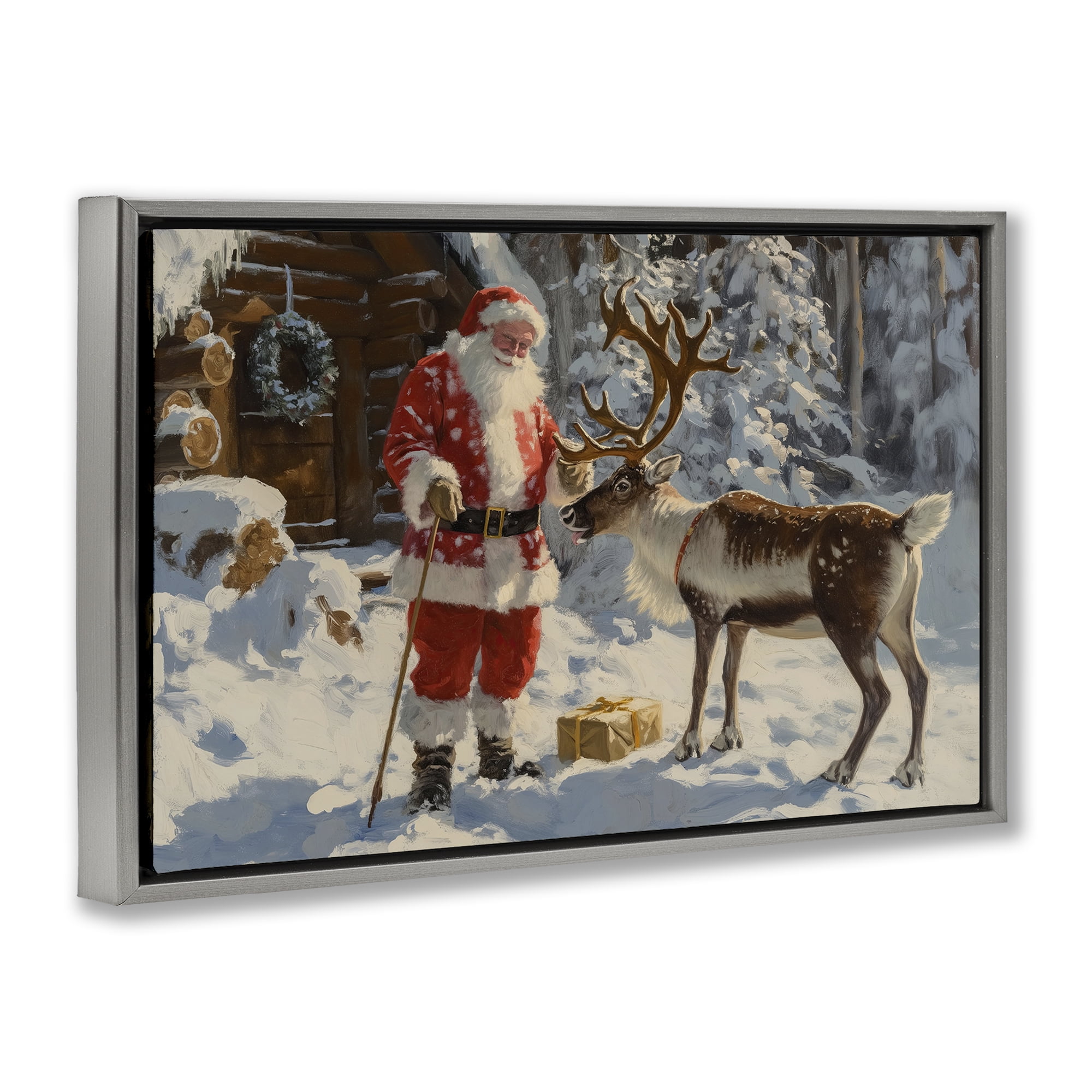 Stupell Industries Santa with Reindeer Scene Holiday Painting Gray Floater Framed Canvas Art Prints Wall Art, 31 x 21