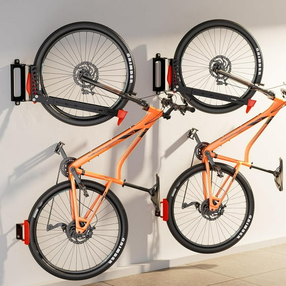 2-Pack Swivel Bike Rack Wall Mount, Bike Hangers for Garage, Space-Saving Vertical Bike Holder, Holds up to 77 lbs,  Wall Hanger Storage, No Heavy Lifting Required Indoor Hanging Bike Rack-Red