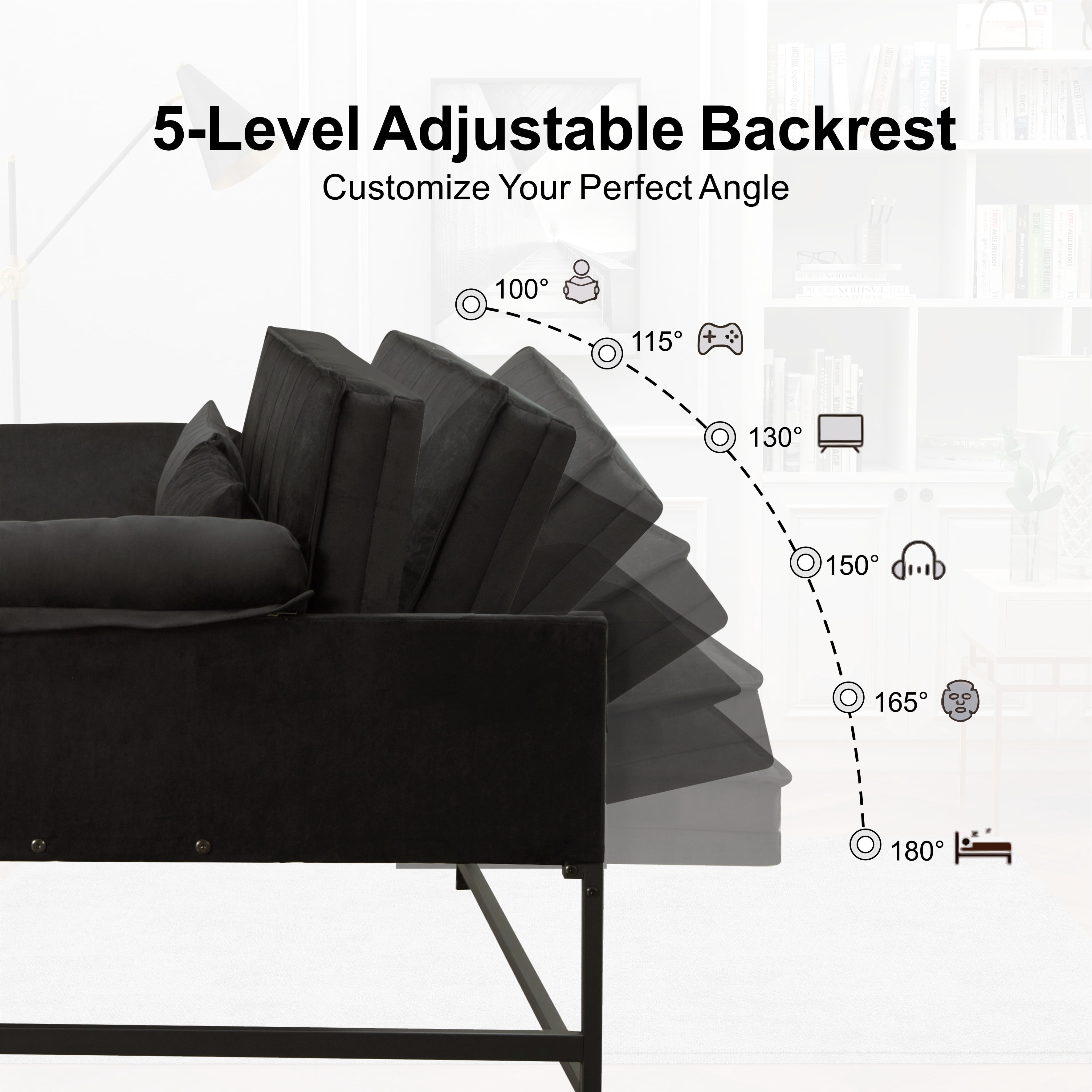 Gewnee 46"Convertible Sleeper Sofa – Pull-out Bed with 5 Reclining Positions,Movable Arm Cushion,Ideal for Apartment,Office,Guest Room.Black