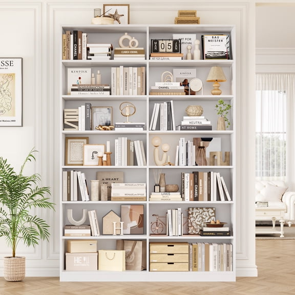 Hiphuta 84" Tall Double Wide 7-Tier Bookcase with 14 Cubes, Large Open Bookcase for Home Office and Living Room, Freestanding Display Book Shelves, White