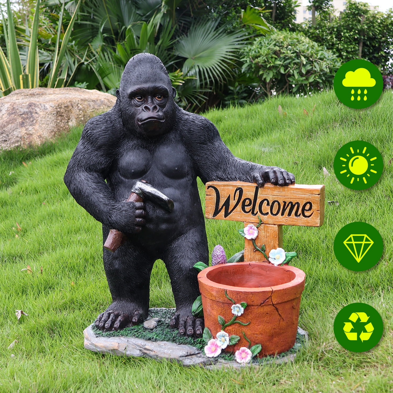 Aukfa Gorilla Garden Statue with Planter and Welcome Sign, Resin Outdoor Animal Sculpture with Built-In Flower Pot for Patio, Lawn, Porch, Entryway, Backyard Decor (Standing)