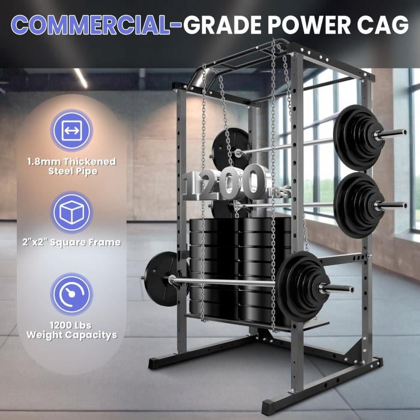 Adjustable Power Cage, 1200 LBS Capacity Black Multi-Functional Squat Rack with 14 Holes, Anti-Slip Base and Training Attachments for Home Fitness Training