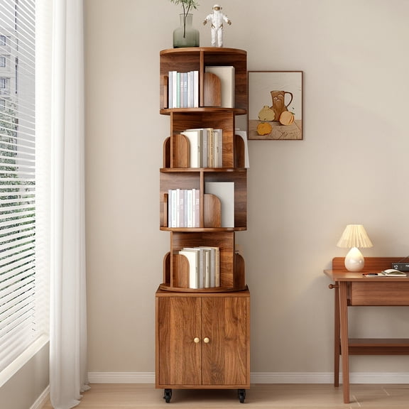 4-Tier Corner Bookshelf , Rotating Bookcase with Storage Cabinet,universal wheels Space-Saving Floor Organizer Walnut Brown