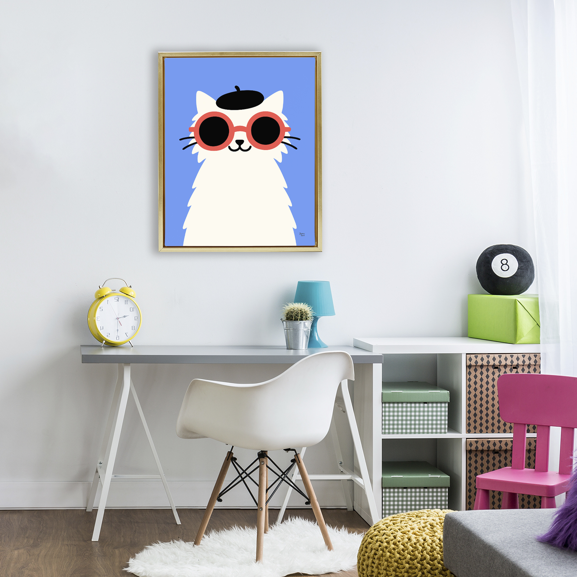 Stylish French Cat Gold Framed Floater Canvas Wall Art, design by Jessica Beck