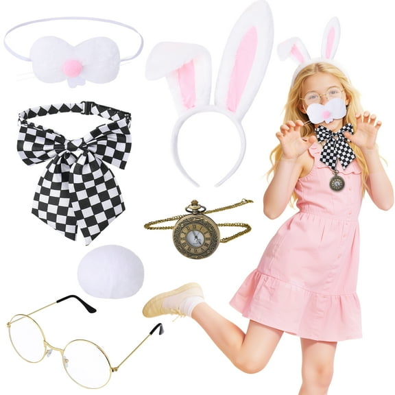 sixwipe 5 Pcs Vintage Pocket Watch & White Rabbit Costume Set - Bunny Ears Headband with Glasses, Bow Tie, Fluffy Tail & Nose | Adjustable Costume for Halloween, Easter & Cosplay