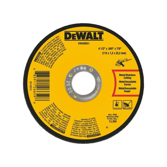 DEWALT DWA8051 Cutting Wheel, 4-1/2 in Dia, 29/64 in Thick, 7/8 in Arbor, Medium, Aluminum Oxide Abrasive