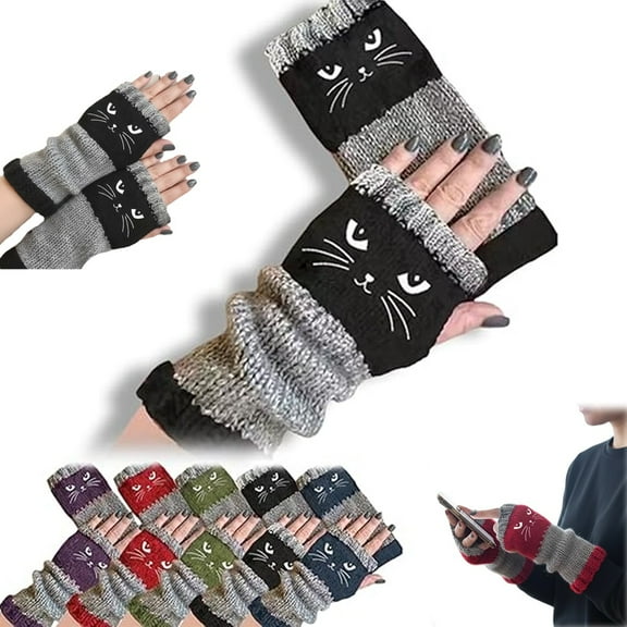 Cat Gloves Women's Knitted Fingerless Gloves with Cute Cat Embroidery Warm Knit Fashion Leaky Finger Casual Cozy Gift