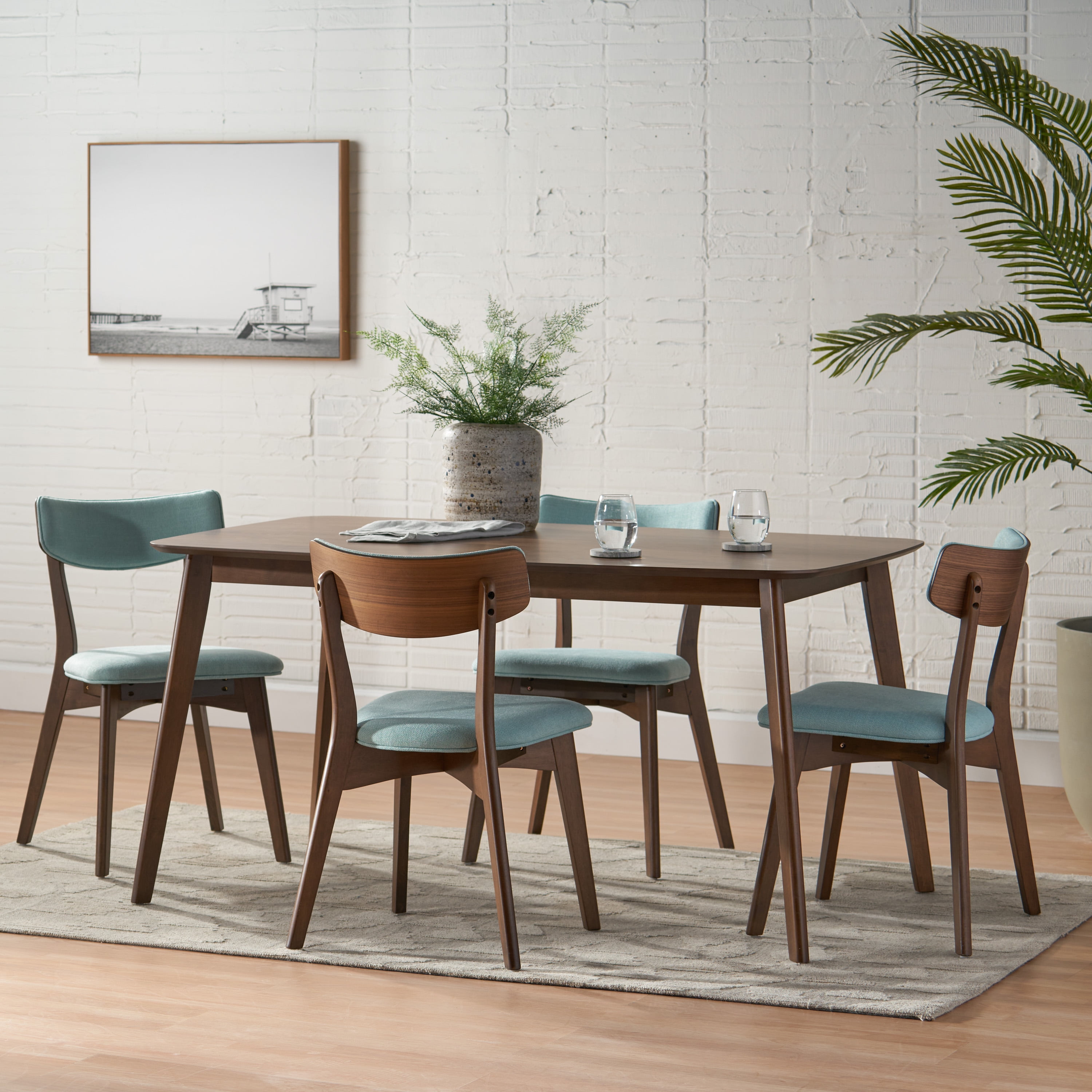 Noble House Lucca Mid Century Natural Walnut Wood Mint 5 Piece Dining Set