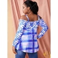 thumbnail image 3 of Tallas de talla de hombro frío Flor de impresión a cuadros camiseta Rosegal Mangas largas de talla grande, 3 of 5