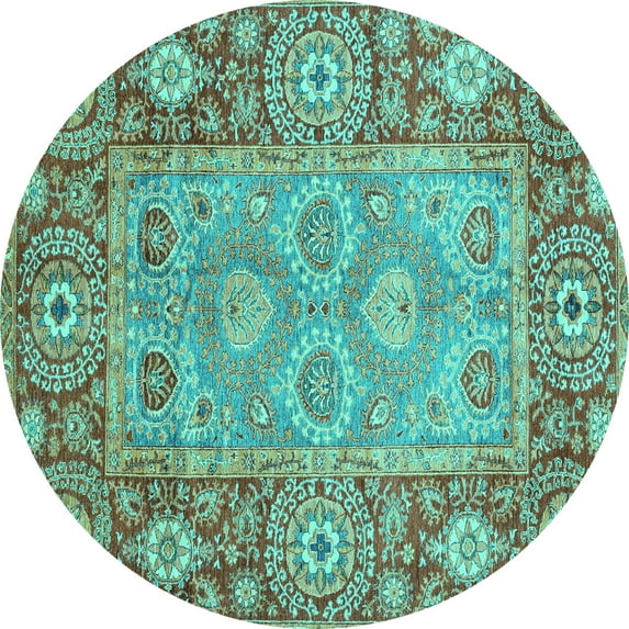 Ahgly Company Machine Washable Indoor Round Oriental Turquoise Blue Traditional Area Rugs, 3' Round