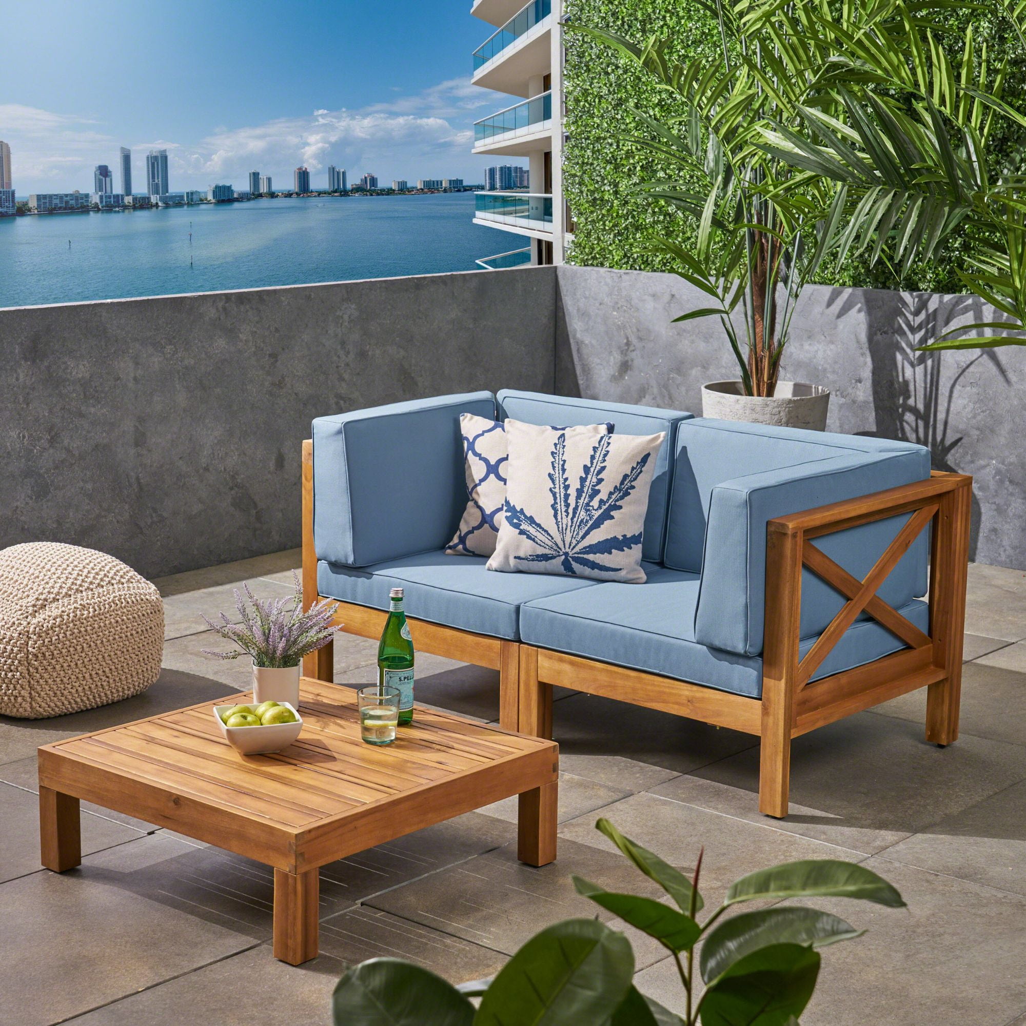 Contemporary Home Living 3-Piece Teak Brown Contemporary Outdoor Furniture Patio Conversation Set -