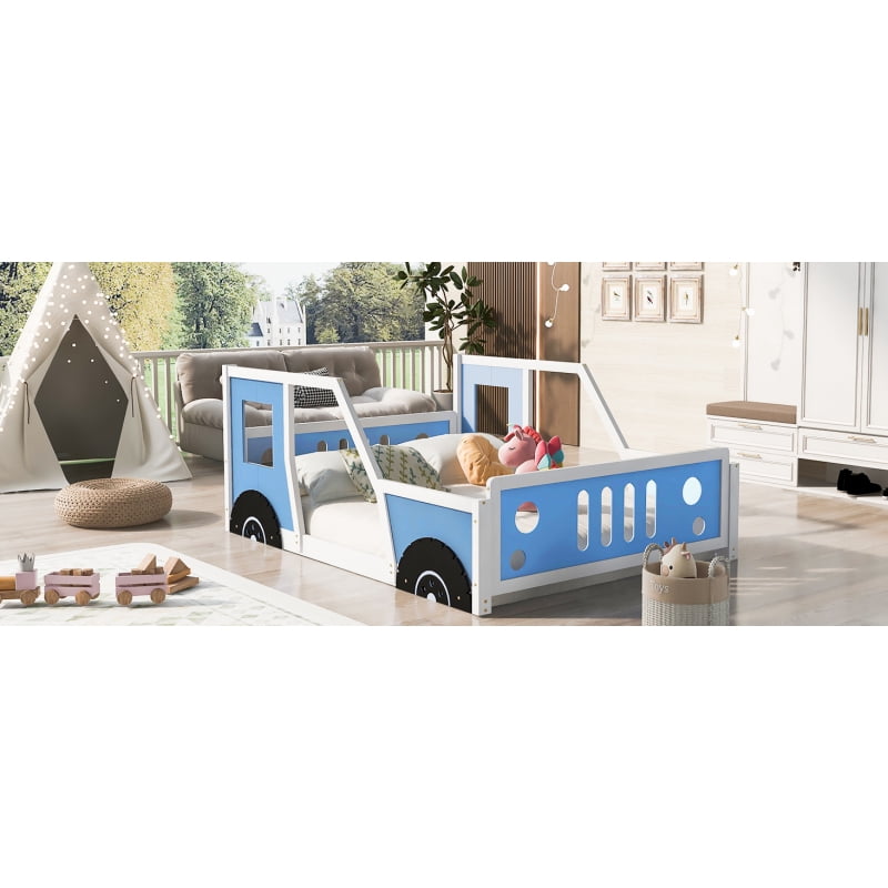 Full Size Classic Car-Shaped Platform Bed with Wheels,Blue