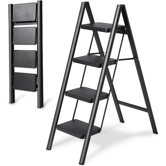 4 Step Ladder Folding Step Stool, Heavy Duty 330 Lbs Load Step Ladders for Home, Tall Kitchen/Closet Stepladder for Adults, Black Small & Lightweight Ladder with Anti-Slip Wide Pedals