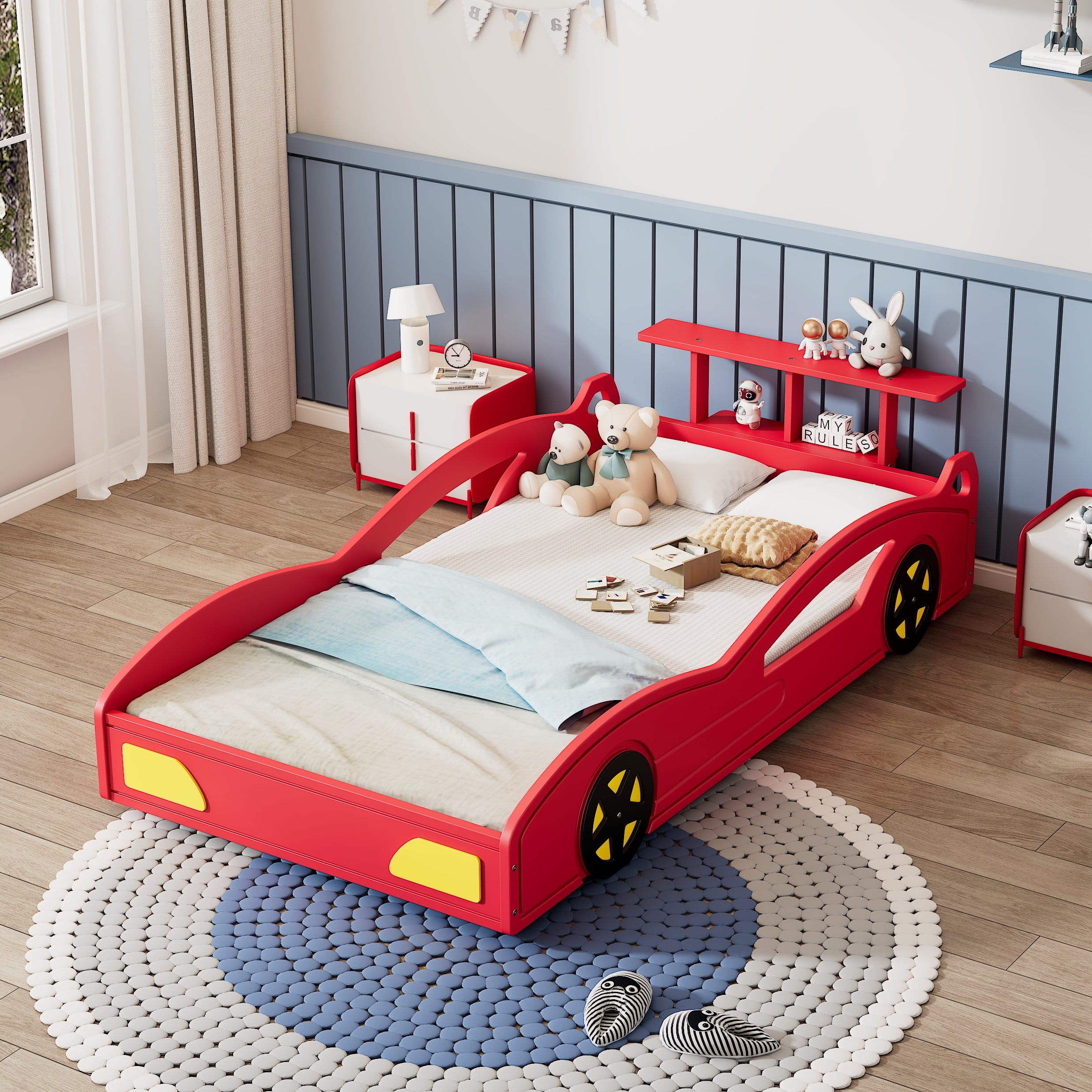 MAYEERTY Twin Wooden Race Car Bed with Wheels for Teens' Bedroom Red & Yellow