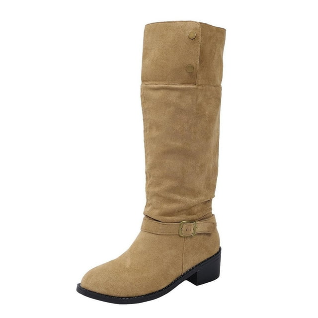 LOVZFMLL Boots for Women Mid Calf Winter Boots Buckle Round Toe Slip Resistant Low Block Heel Convertible Fall Winter Shoes