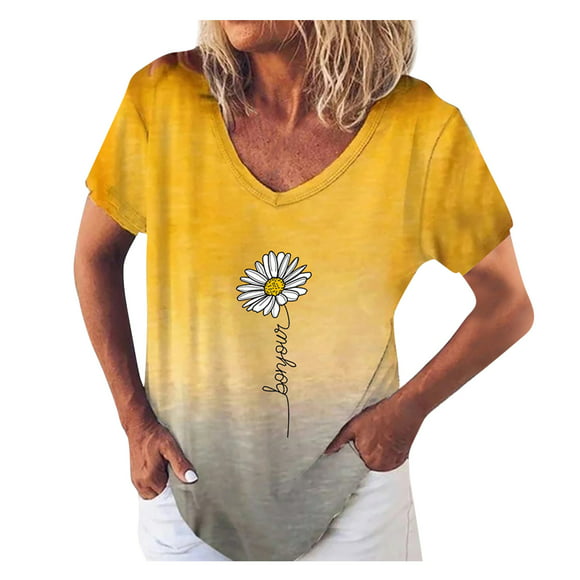 Summer Tops For Women 2023 Women Gradient Print Fashion Short Sleeve V-neck Small Chrysanthemum T-shirt