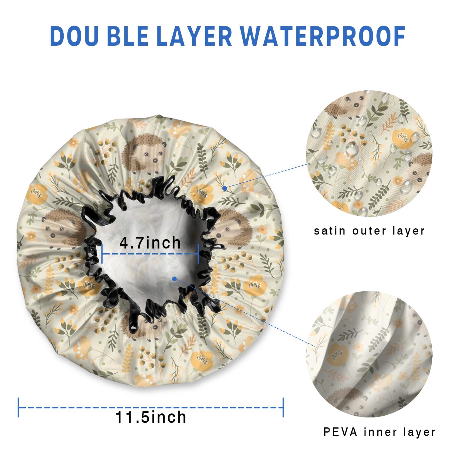 Shower Caps,Cute Hedgehogs and Pioneer Flower Pattern Waterproof Shower Cap for Women 4 Pieces,Double Reusable Hair Cover for Shower PEVA Elastic Stretch Hem