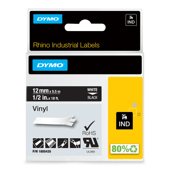 DYMO Rhino Industrial Vinyl Labels, 1/2", White Print on Black Tape