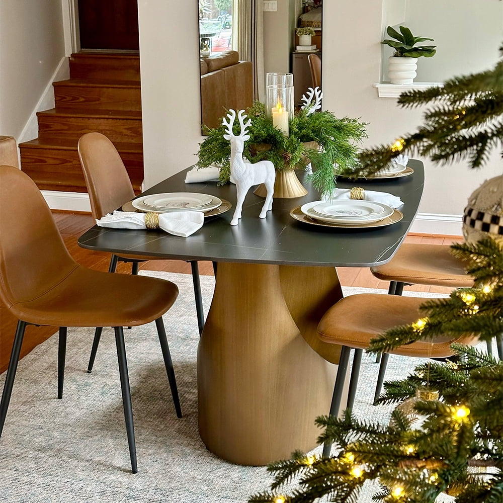 POVISON 63" Modern Dining Table for 4, Rectangular Matte Black Sintered Stone Dining Table with Bronze Carbon Steel Legs