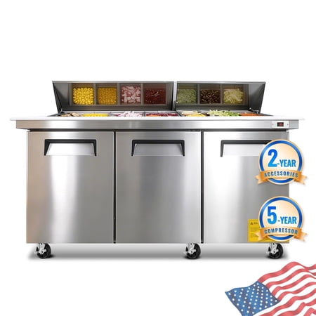 ORIKOOL 72" Commercial Sandwich Prep Table Refrigerator, Three Door Stainless Steel, 20 Cu.Ft.