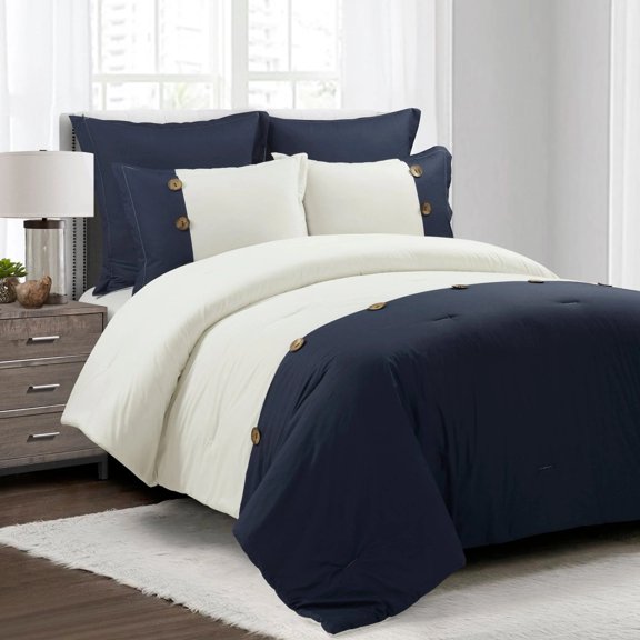 Lush Decor Linen Button Cotton Blend Comforter Navy 5Pc Set King