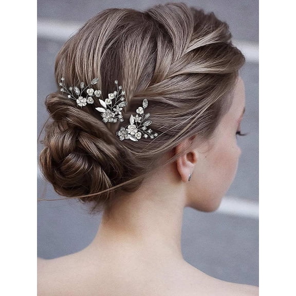 Bridal Hair Pins Silver Flower Bride Headpieces Pearls Bridal Hair Clips Wedding Headpieces Hair Accessories for Bride and Bridesmaids(Pack of 3)