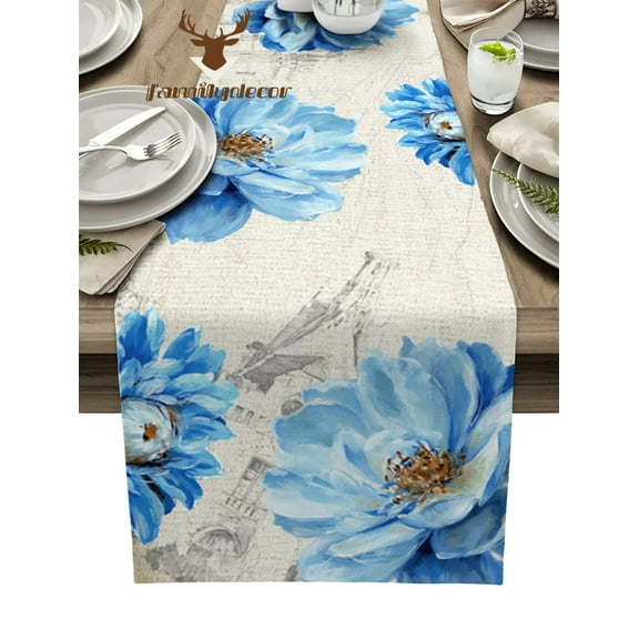 Vintage Flowers Peony Blue Table Runner Home Wedding Table Flag Mat Table Centerpieces Decoration Party Dining Long Tablecloth