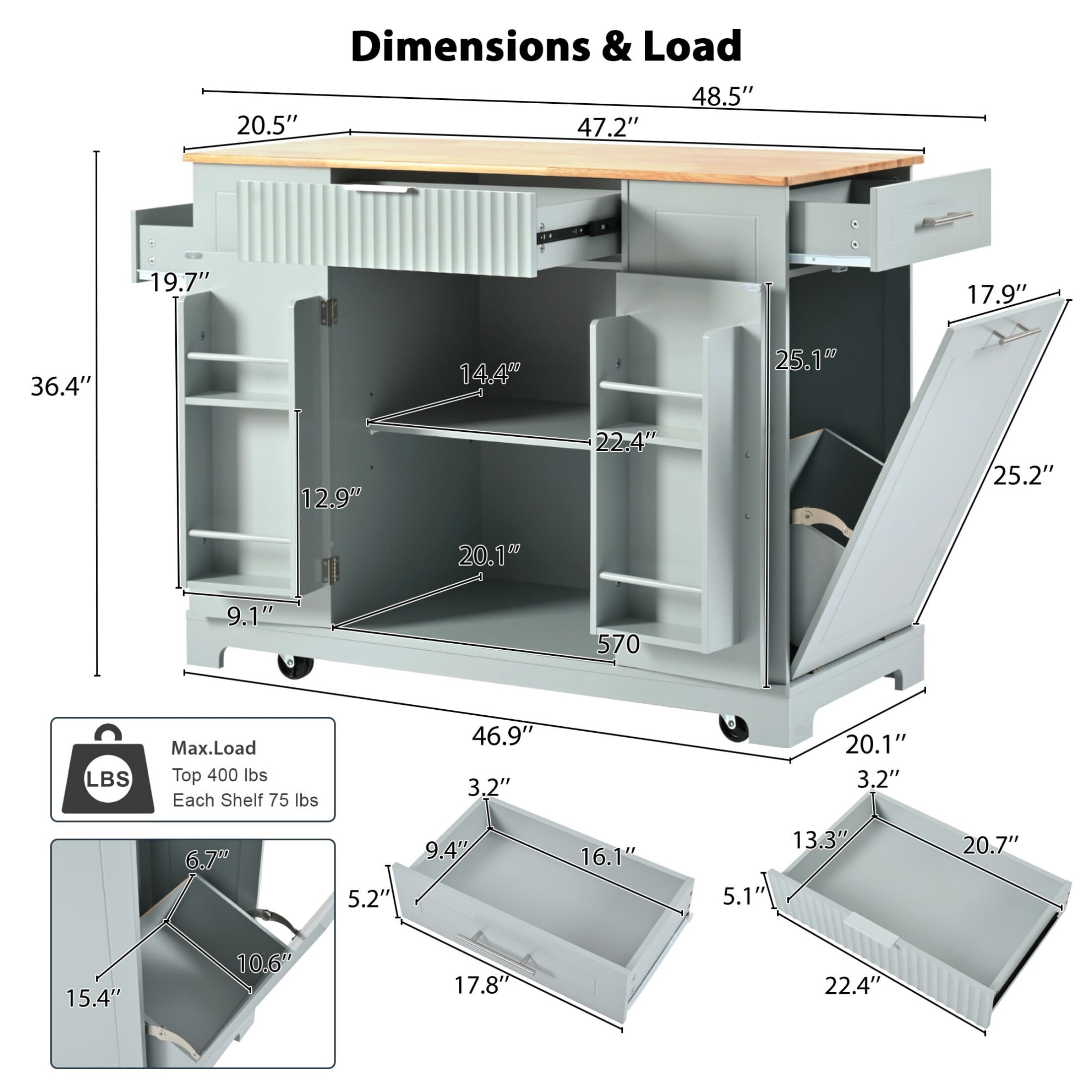 DEALTOPS 47.2'' Kitchen Island With Trash Can and Power Outlet, Rolling Kitchen Storage Cart with Open Shelves, Gray Blue