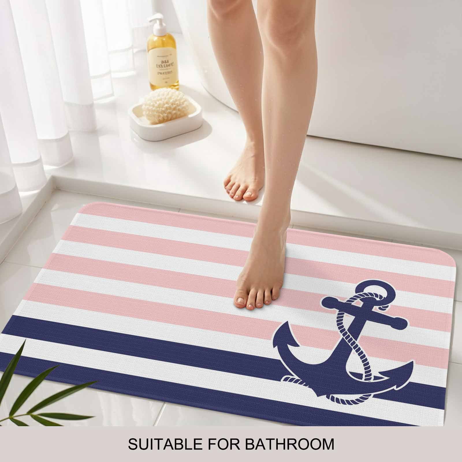 Anchor Pink Doormat Outdoor Entrance 16"x24", Modern Navy Blue White Striped Nautical Absorb Moisture Dirt Door Mats, Non-Slip Rubber Backing Floor Mats Indoor, Low-Profile Front Door Rugs