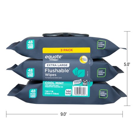 EQUATE EXTRA LARGE FLUSHABLE WET WIPES, COOL MINT SCENT, 144 WIPES, 3 PACK